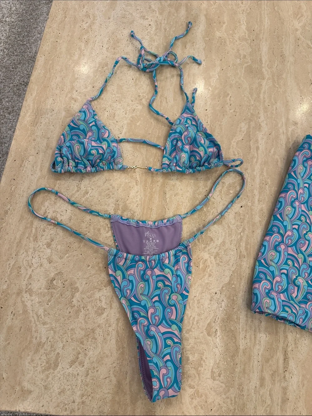 Light Blue Patterned Women's Bikini Top &  Thong bottoms. Cover up Skirt Set